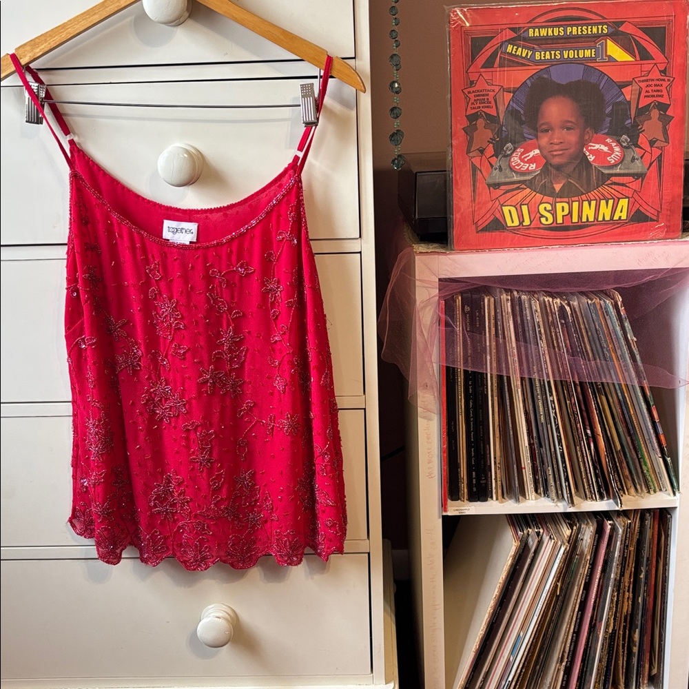 Vintage 90’s Beaded Red Camisole Tank Top Cami Embellished Y2K 14 Swing Sequin
